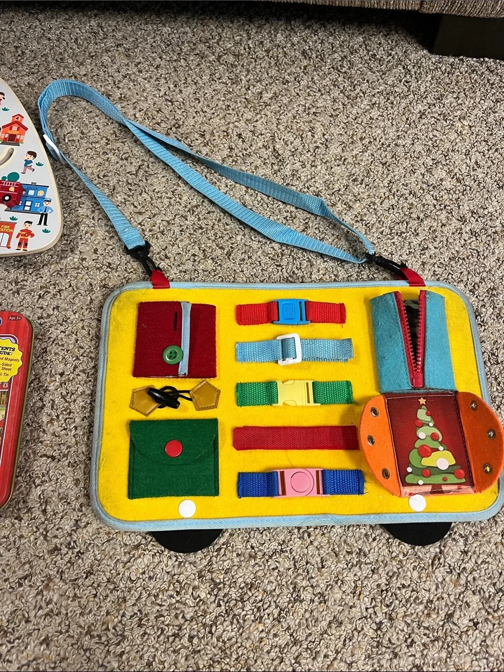 Felt bus Busy Board and magnetic creations for car play